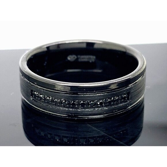 Men's Wedding Band Tungsten Carbide Black Gemstone 8mm Wide Ring Size 10.5 - Picture 1 of 15